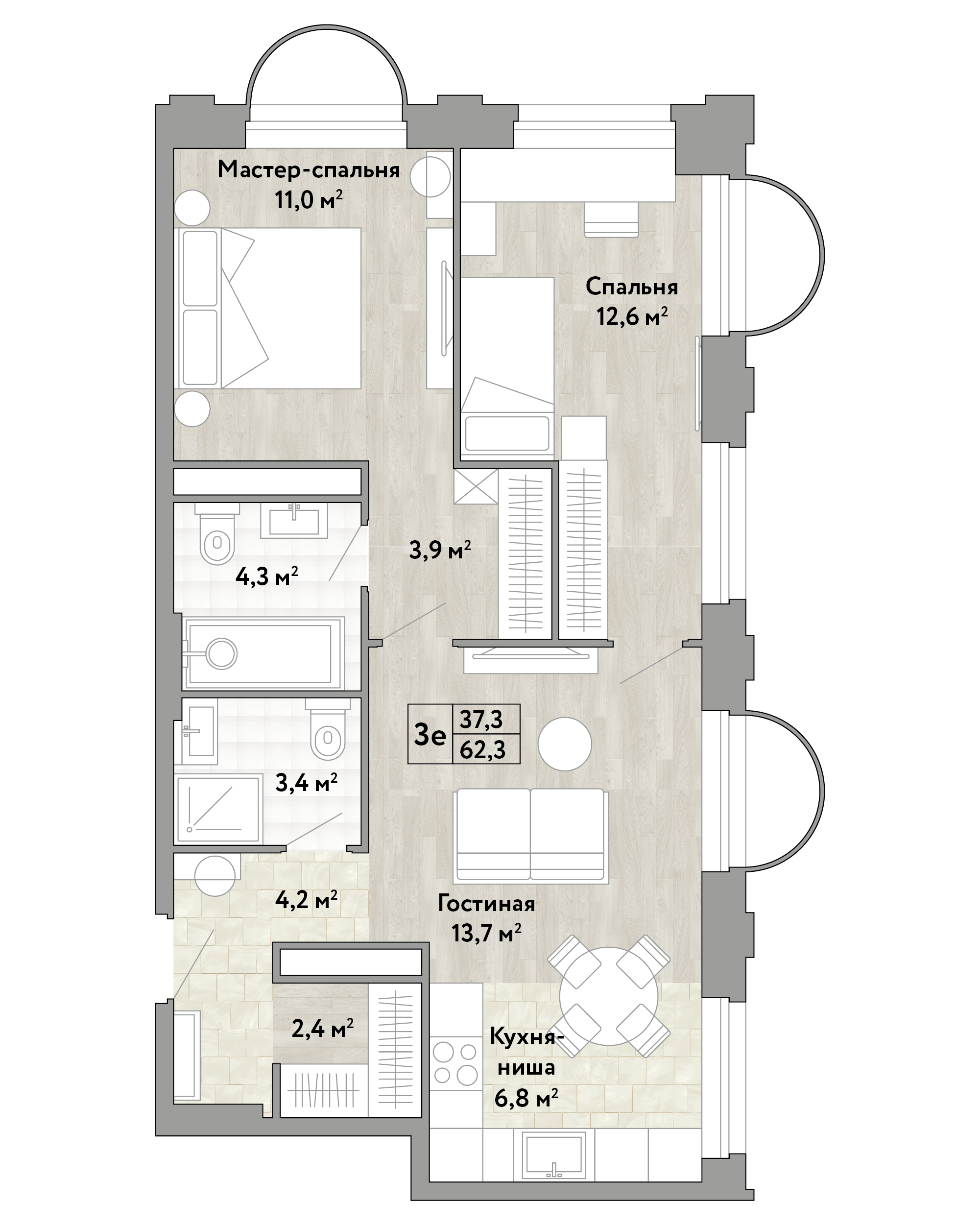 2-комнатная 62 м2 в ЖК Новые Смыслы корпус null этаж 13