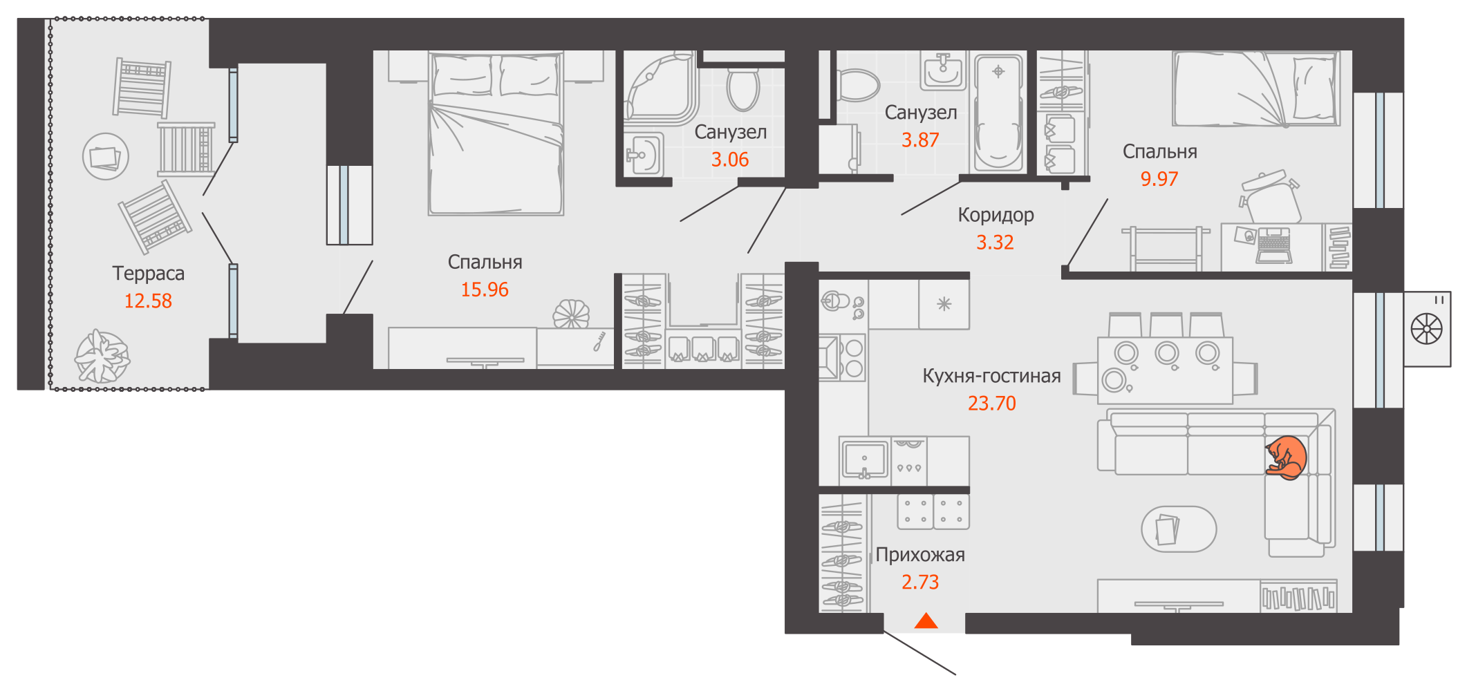 3-комнатная 66 м2 в ЖК Зарядное корпус null этаж 2
