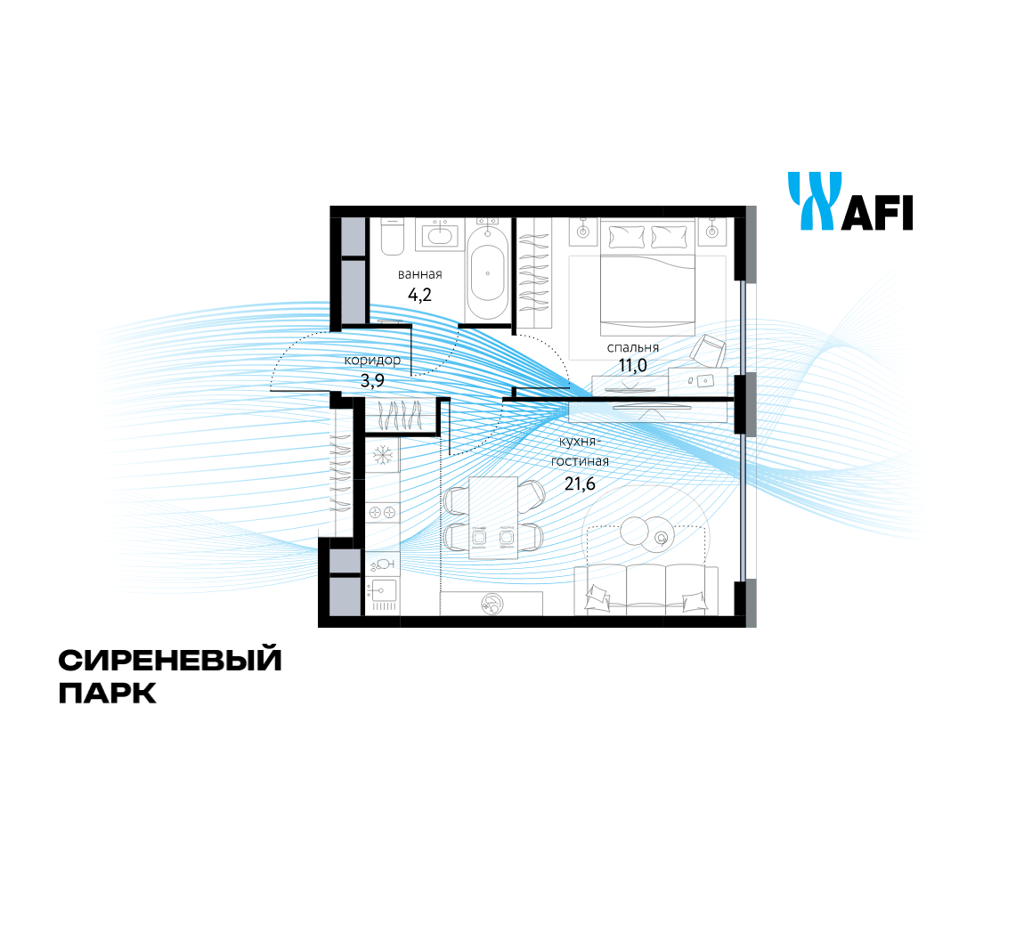 2-комнатная 40 м2 в ЖК Сиреневый парк корпус null этаж 6