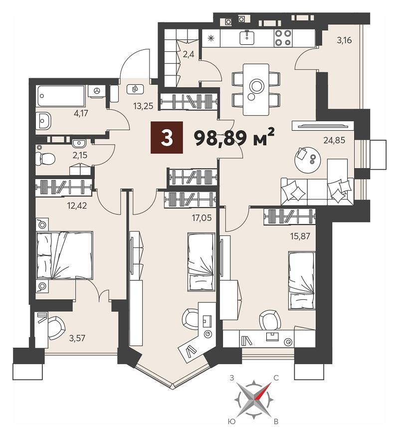 3-комнатная 98 м2 в ЖК Ньютон корпус null этаж 4