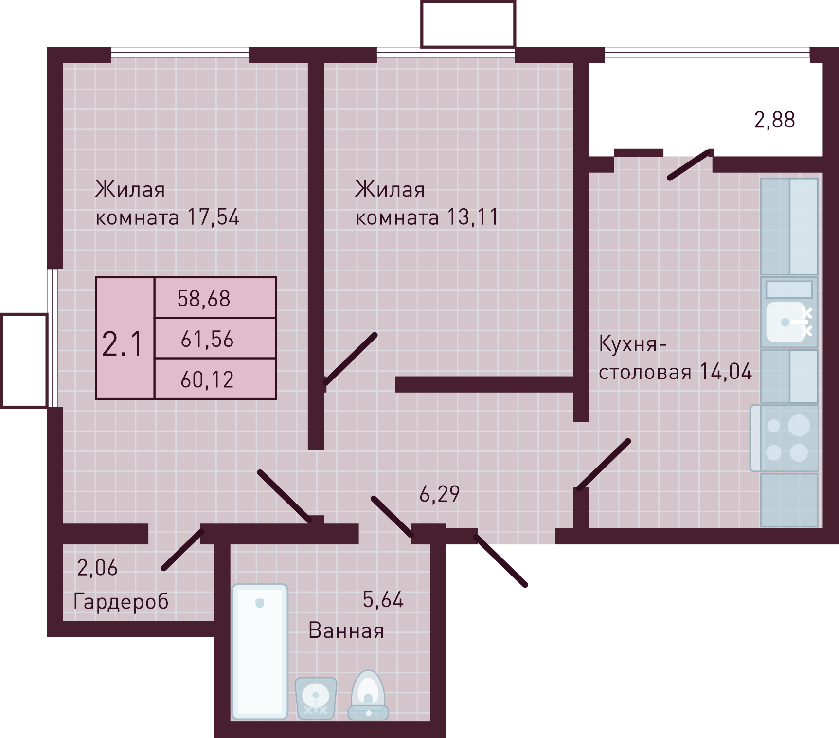 2-комнатная 60 м2 в ЖК Бетховен корпус null этаж 7
