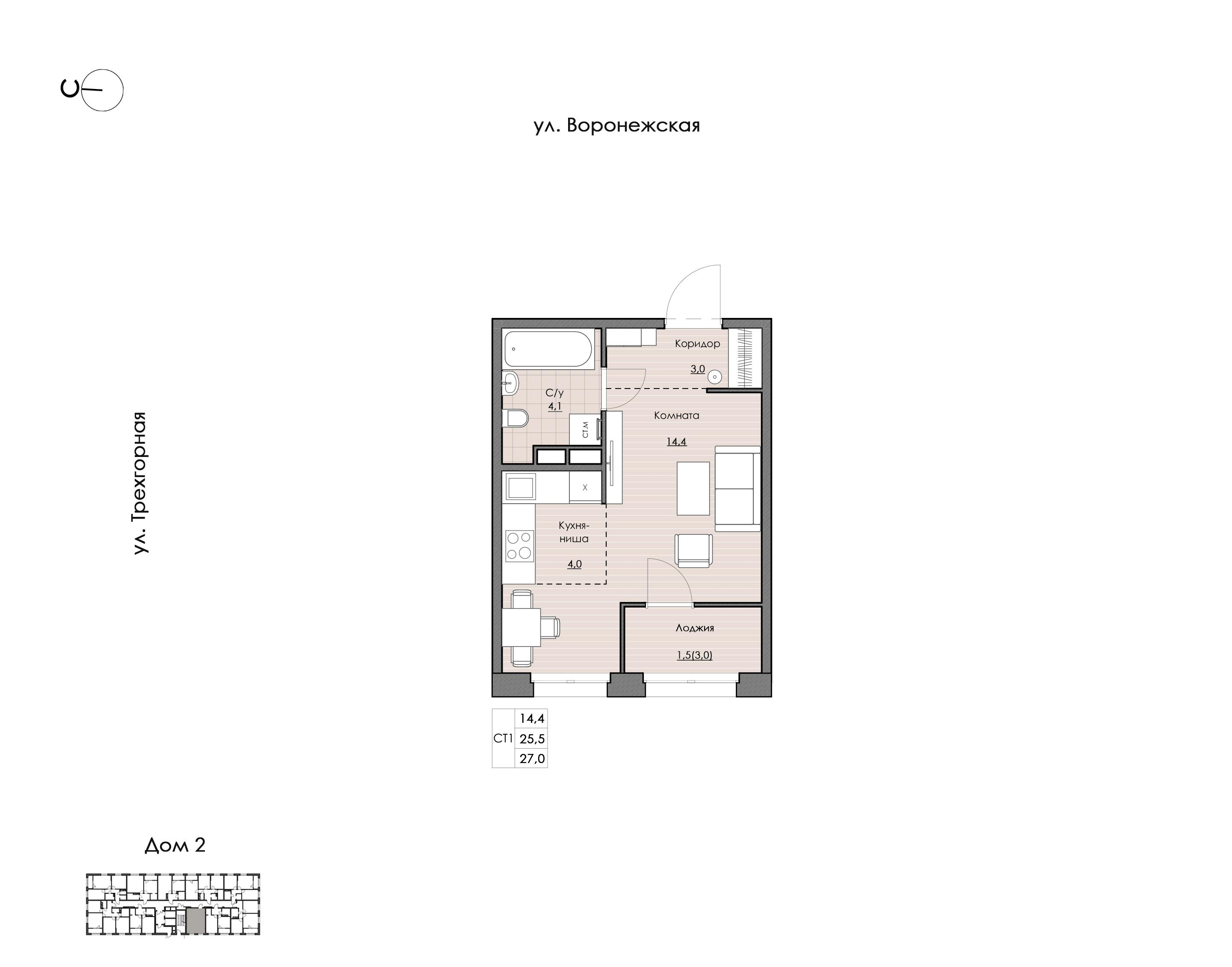 1-комнатная 27 м2 в ЖК Воронежский бульвар корпус null этаж 14