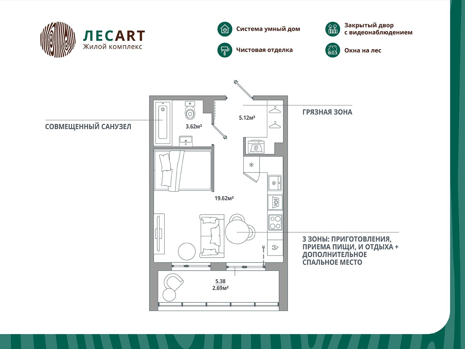 Студия 31 м2 в ЖК ЛесArt корпус null этаж 1