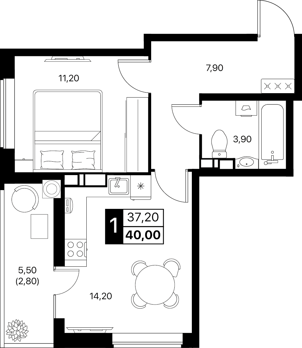 1-комнатная 40 м2 в ЖК Эстет корпус null этаж 10