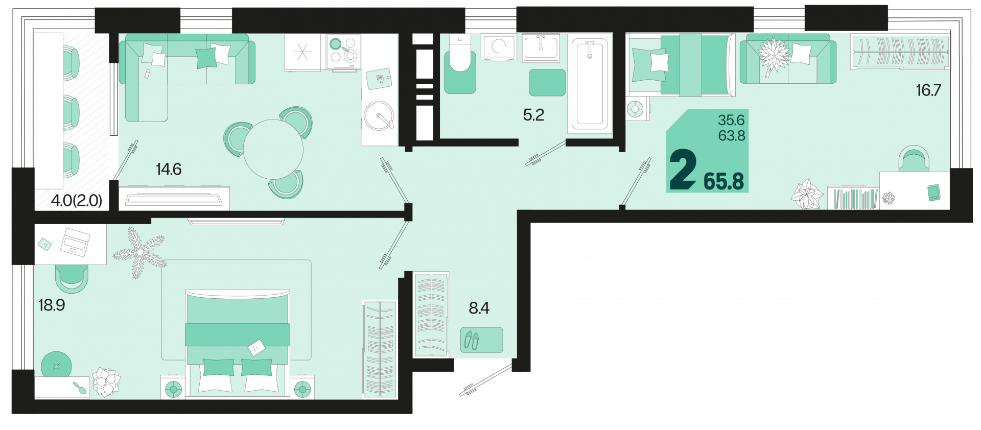 2-комнатная 65.8 м2 в ЖК undefined корпус null этаж 11