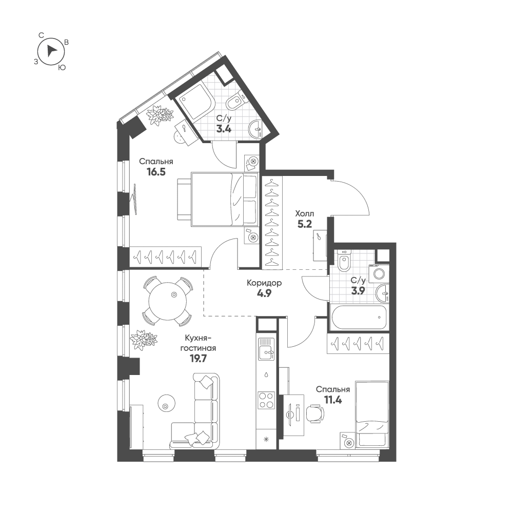 2-комнатная 63 м2 в ЖК Sokolinn Park корпус null этаж 8