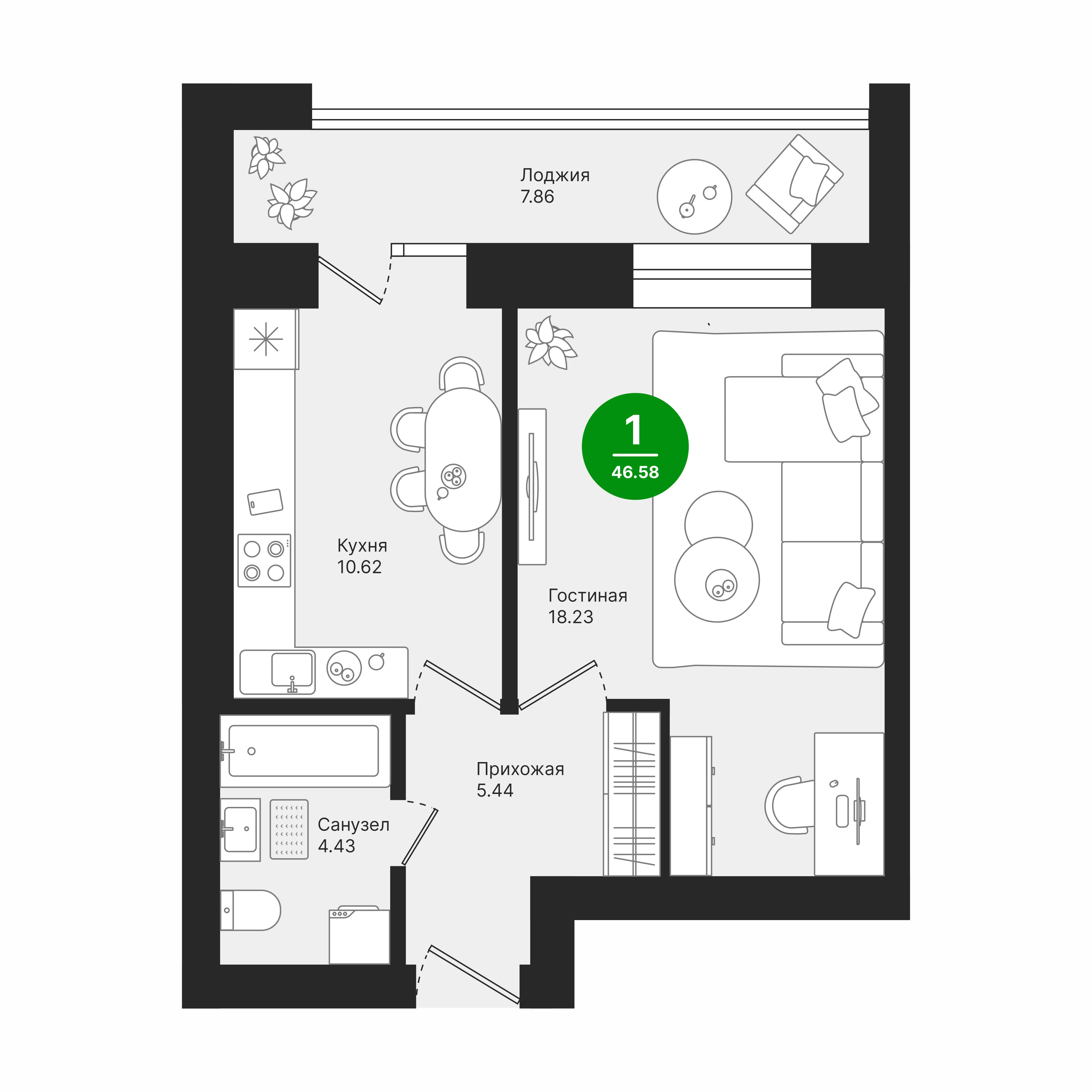 1-комнатная 46 м2 в ЖК Семеновка корпус null этаж 10
