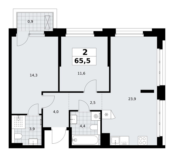 2-комнатная 65 м2 в ЖК Хольм корпус null этаж 4