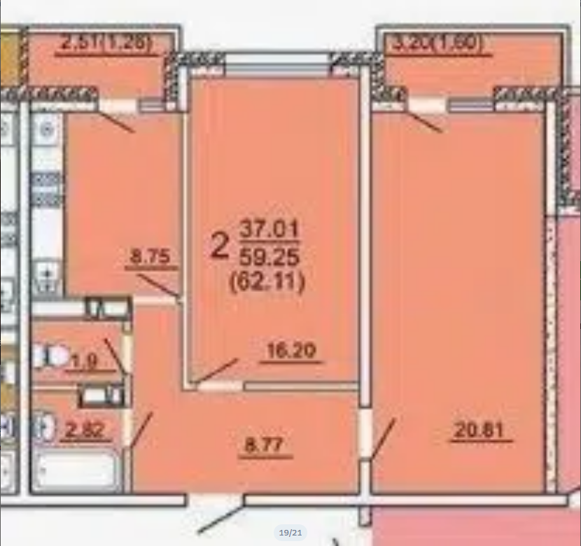 2-комнатная 59.3 м2 в ЖК undefined корпус null этаж 11