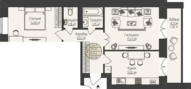 2-комнатная 66 м2 в ЖК Звездный корпус null этаж 7