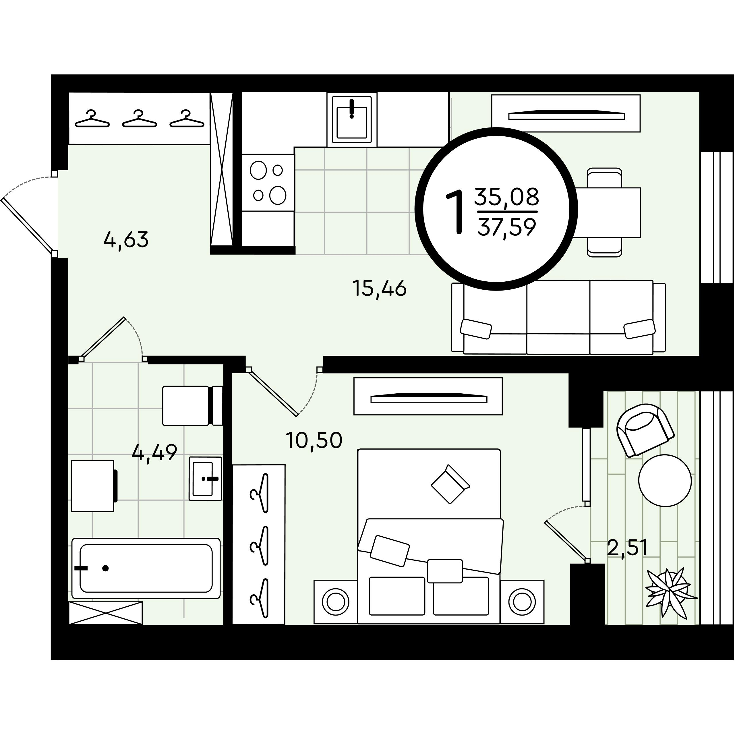 1-комнатная 37 м2 в ЖК Зеленые Аллеи корпус null этаж 1