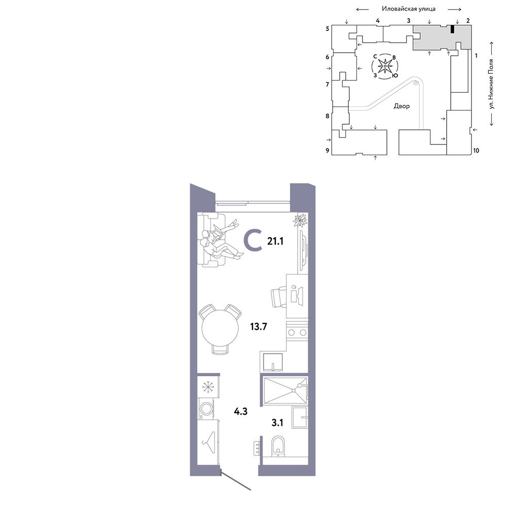 1-комнатная 21 м2 в ЖК Страна.Заречная корпус null этаж 8