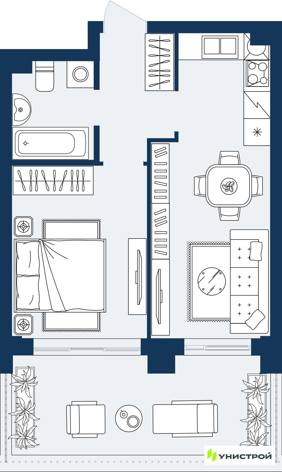 1-комнатная 40 м2 в ЖК ГРАНД БЕРЕГ корпус null этаж 2