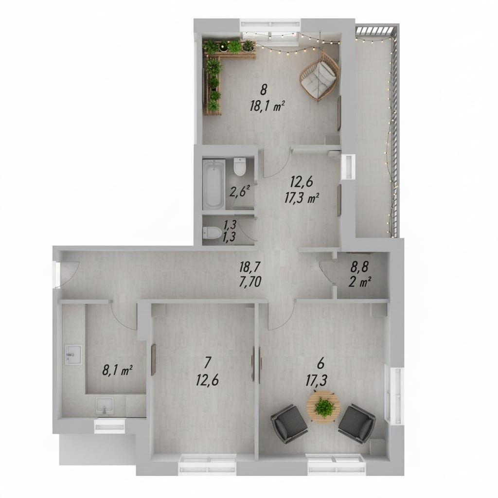 3-комнатная 76.3 м2 в ЖК undefined корпус null этаж 5