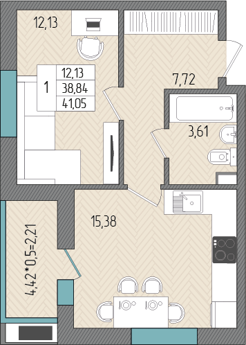 1-комнатная 41 м2 в ЖК Сады у моря корпус null этаж 7