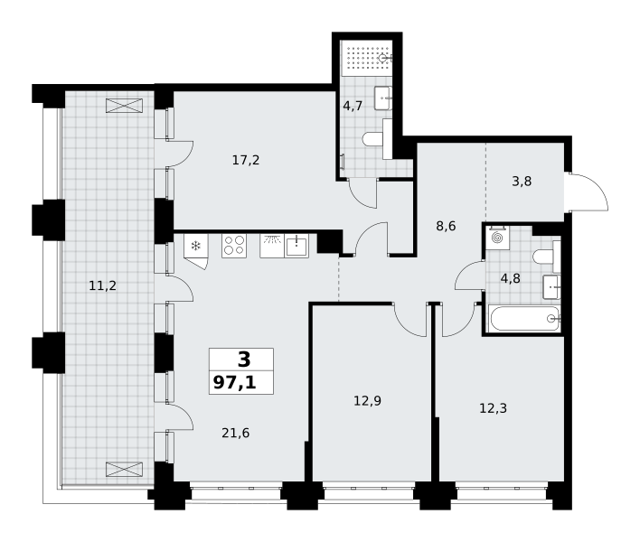 3-комнатная 97 м2 в ЖК Хольм корпус null этаж 9