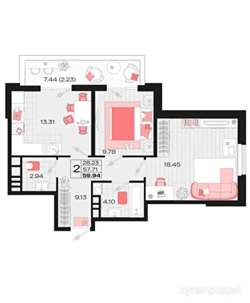 2-комнатная 63 м2 в ЖК undefined корпус null этаж 9