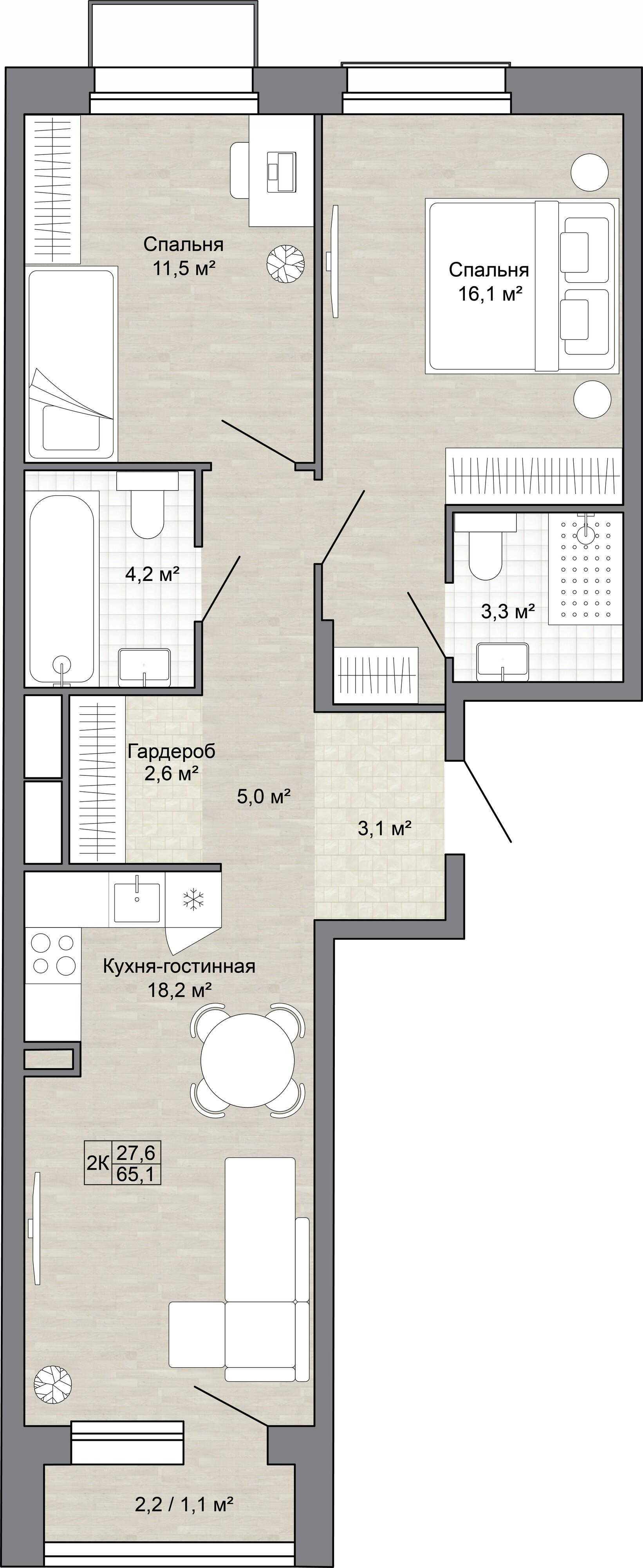 2-комнатная 65 м2 в ЖК Яблоневый Сад корпус null этаж 5