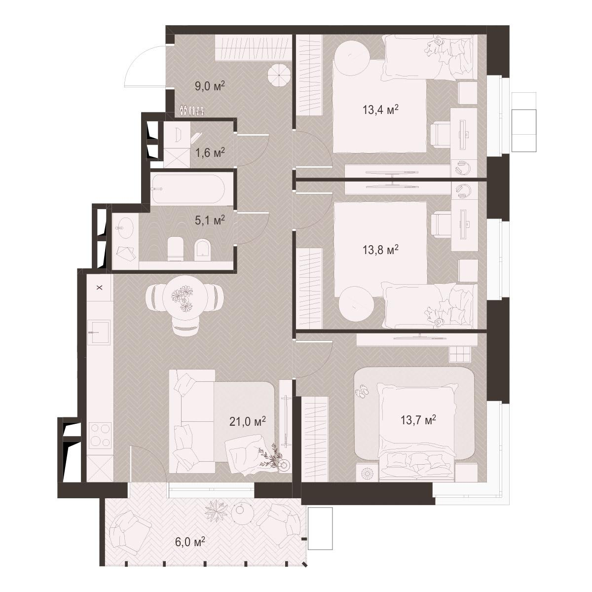 3-комнатная 83 м2 в ЖК Гранд Комфорт-3 корпус null этаж 11