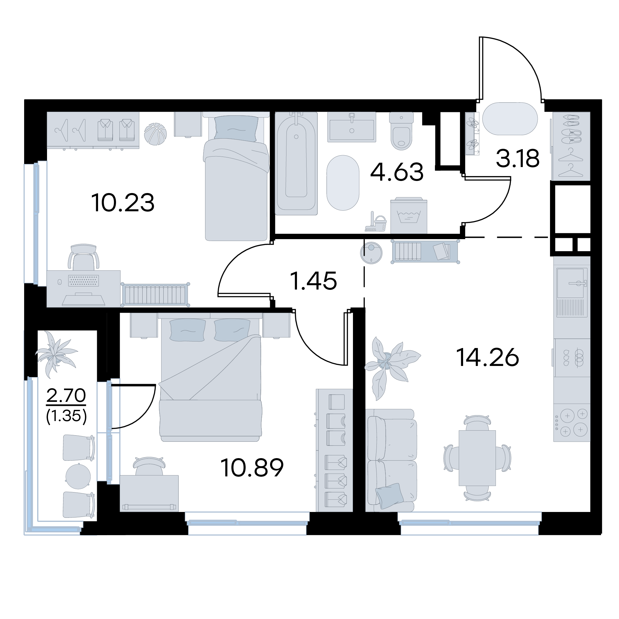 2-комнатная 45 м2 в ЖК GloraX Октябрьский корпус null этаж 16