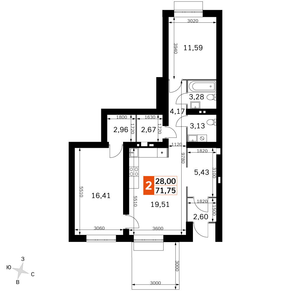 2-комнатная 71 м2 в ЖК Жаворонки Клаб корпус null этаж 1