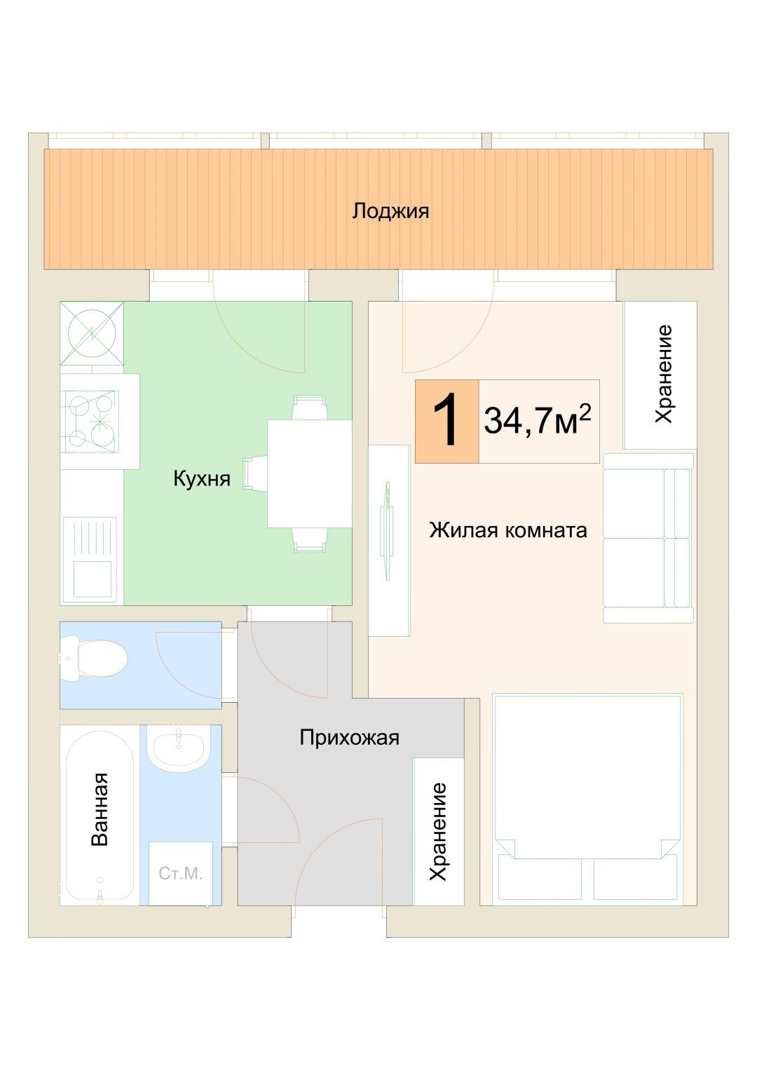 1-комнатная 34.7 м2 в ЖК undefined корпус null этаж 7