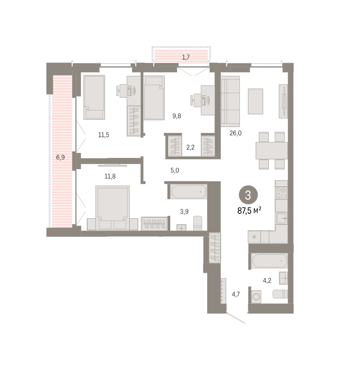 3-комнатная 87 м2 в ЖК Европейский берег корпус null этаж 11