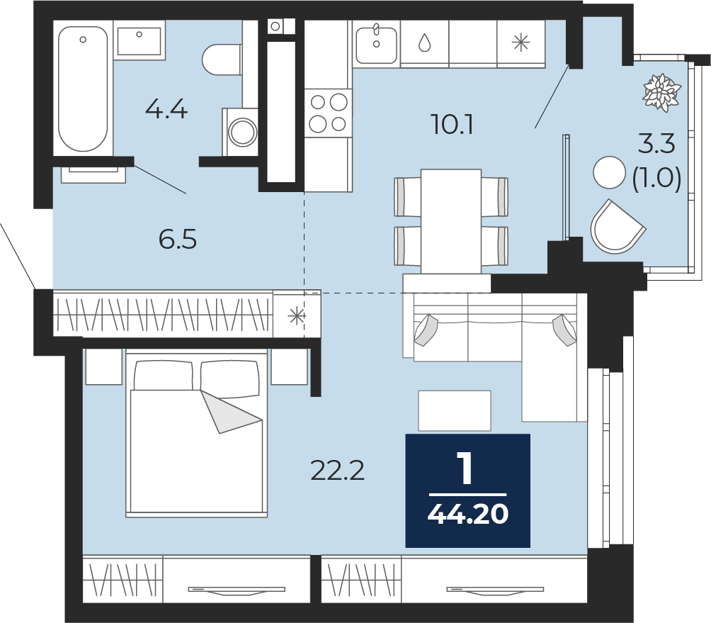 1-комнатная 43 м2 в ЖК Мириады корпус null этаж 3