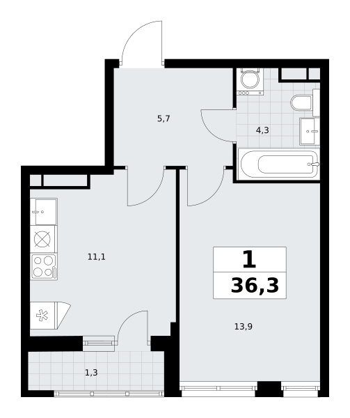 1-комнатная 36 м2 в ЖК Родные кварталы корпус null этаж 4