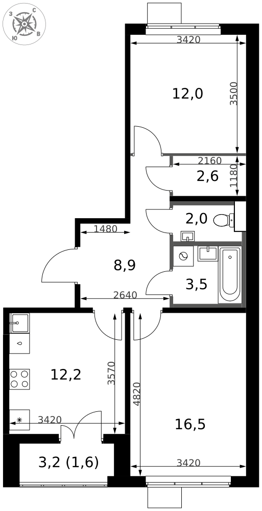 2-комнатная 59 м2 в ЖК 1-й Южный корпус null этаж 15