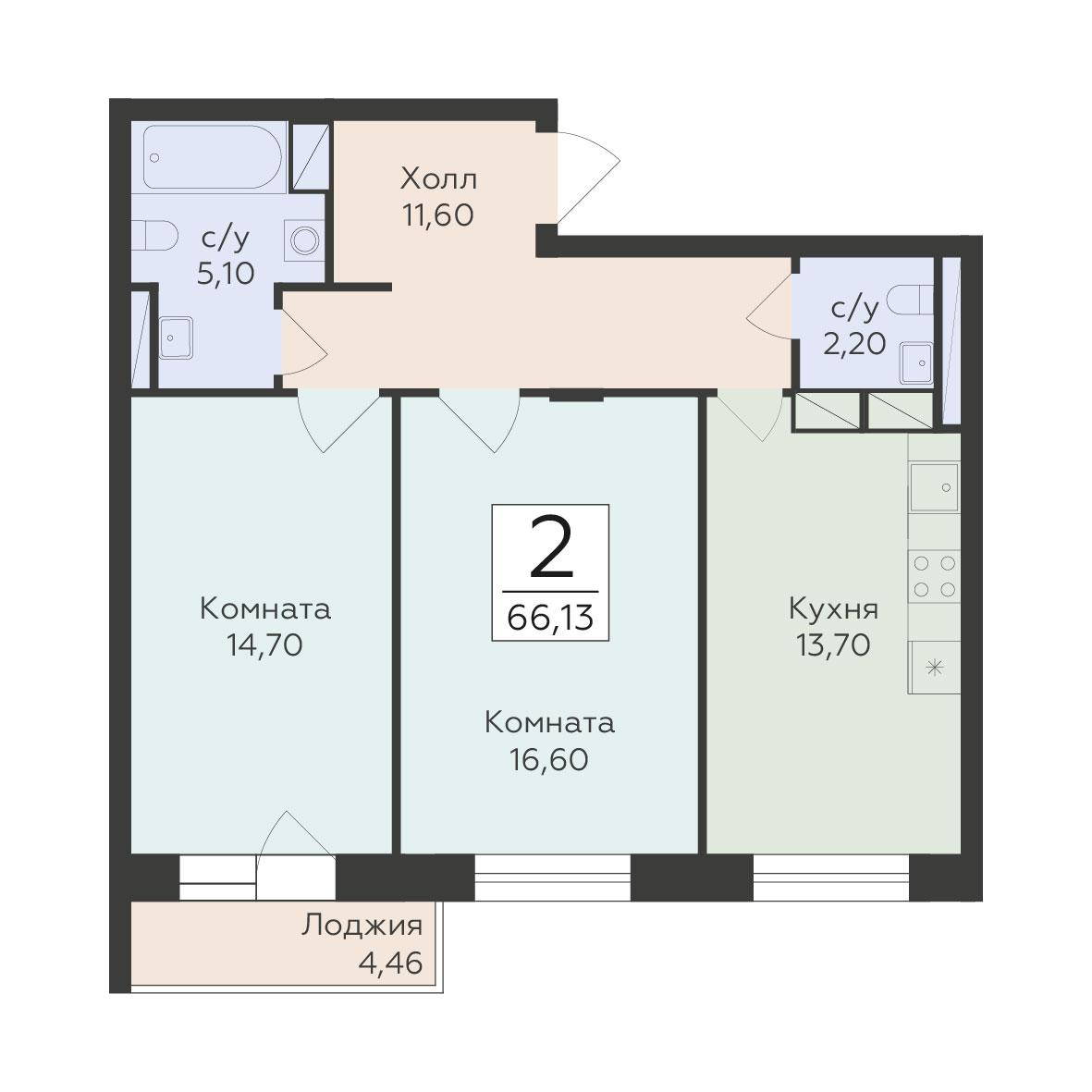 2-комнатная 66 м2 в ЖК Малаховский корпус null этаж 14