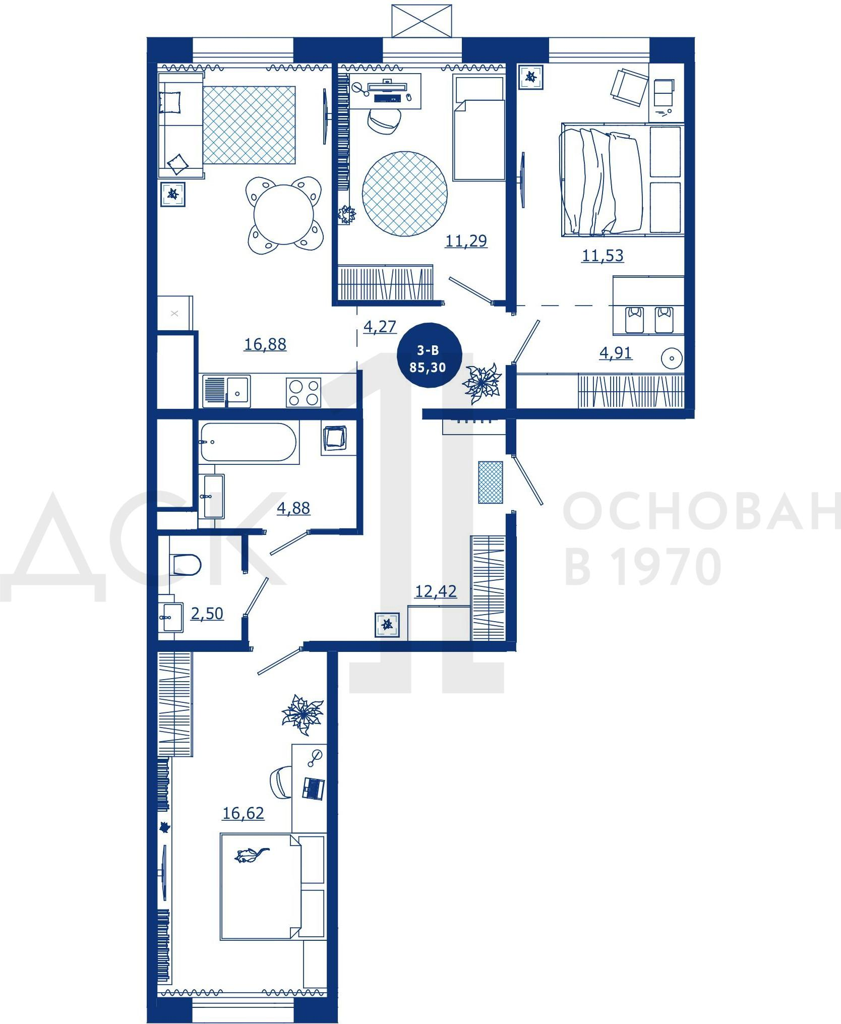 3-комнатная 85 м2 в ЖК За Ручьём корпус null этаж 10