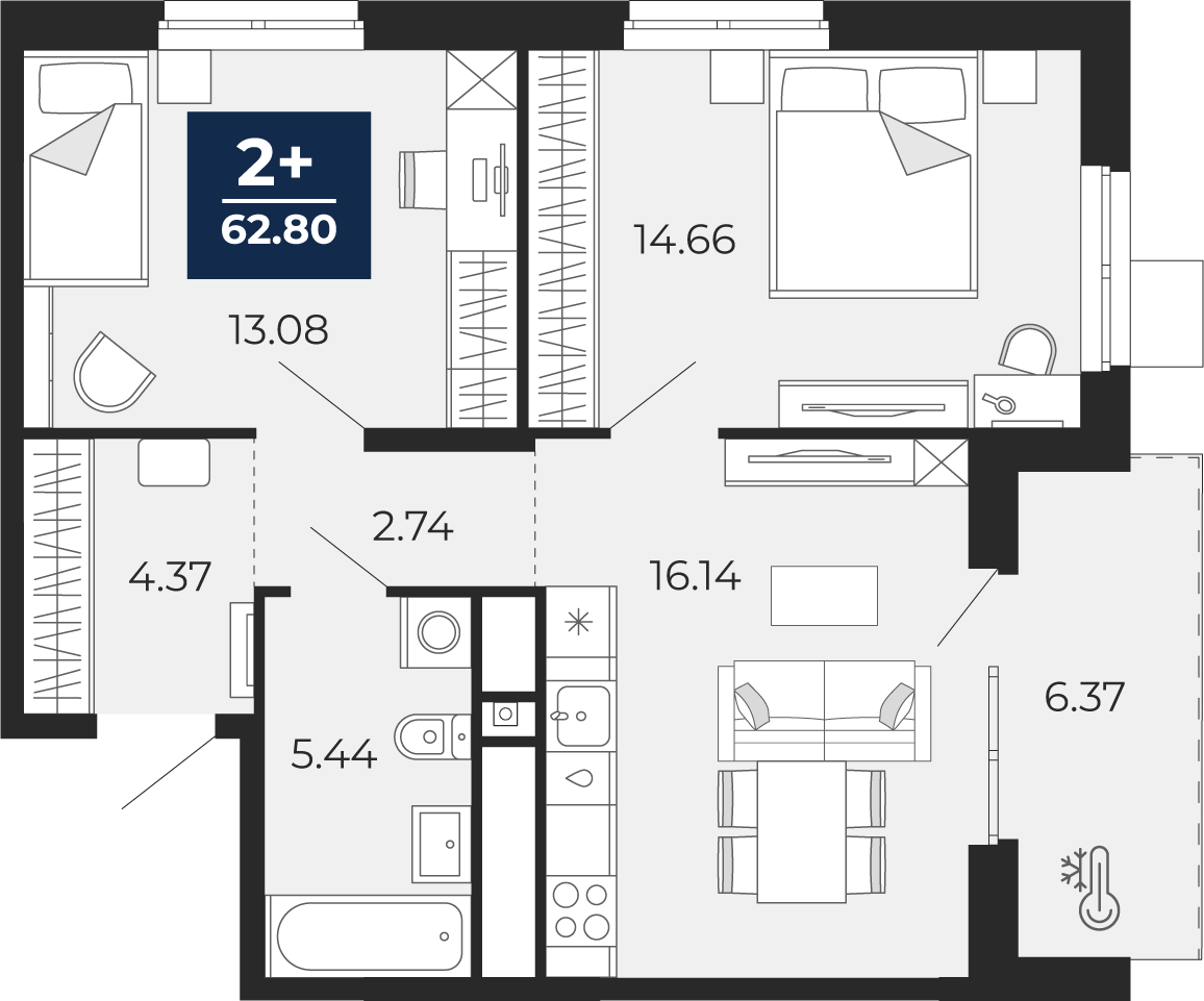 2-комнатная 56 м2 в ЖК Мириады корпус null этаж 12