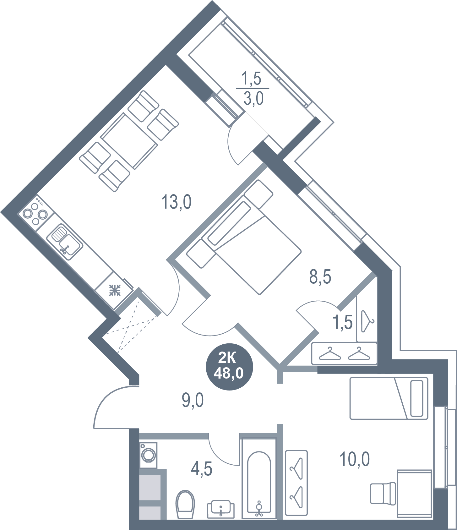 2-комнатная 48 м2 в ЖК Русич Котельники Парк корпус null этаж 5