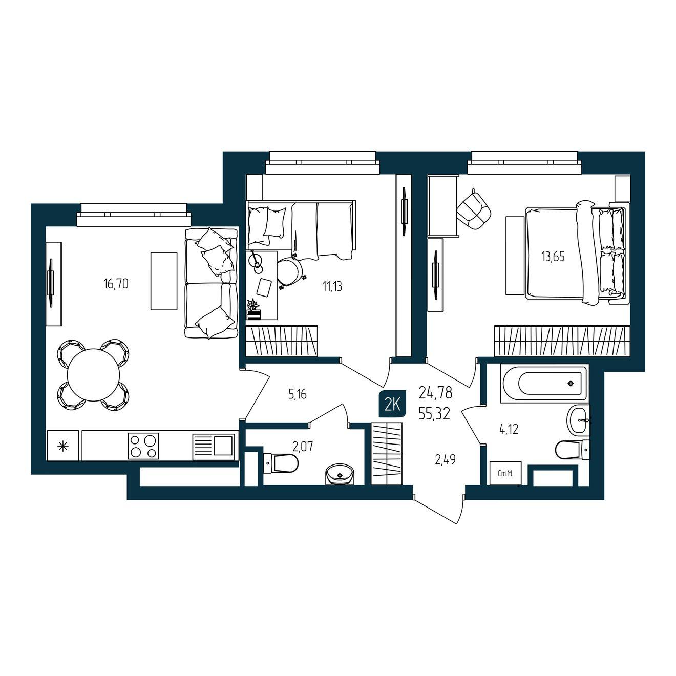 2-комнатная 55 м2 в ЖК Квартал Мятный корпус null этаж 2