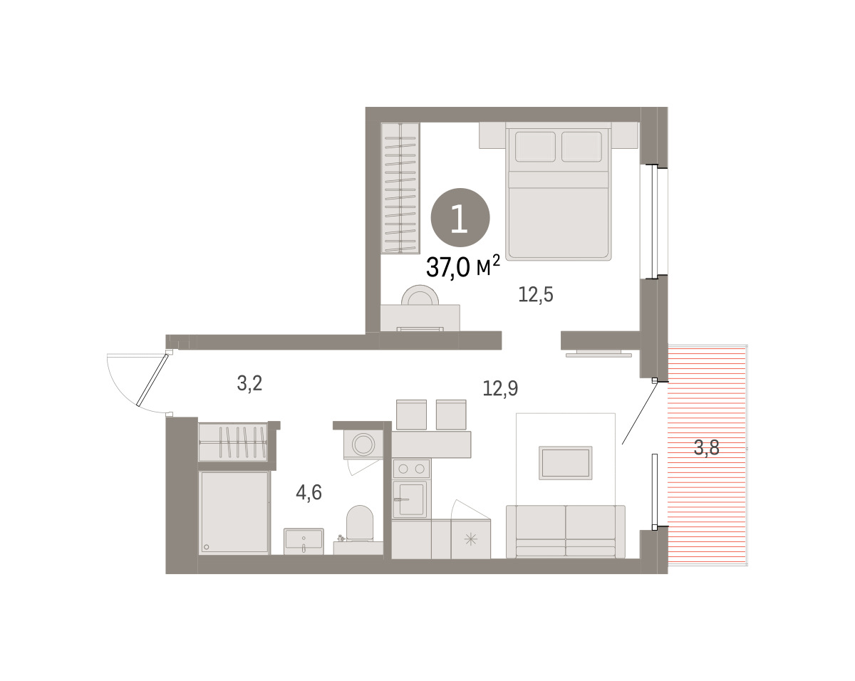 1-комнатная 36 м2 в ЖК Северный ветер корпус null этаж 7