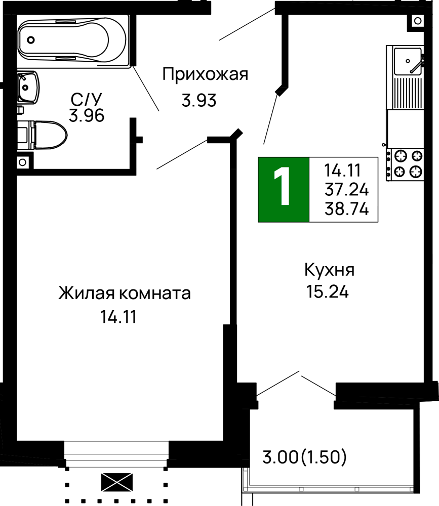 1-комнатная 38 м2 в ЖК Долина корпус null этаж 2