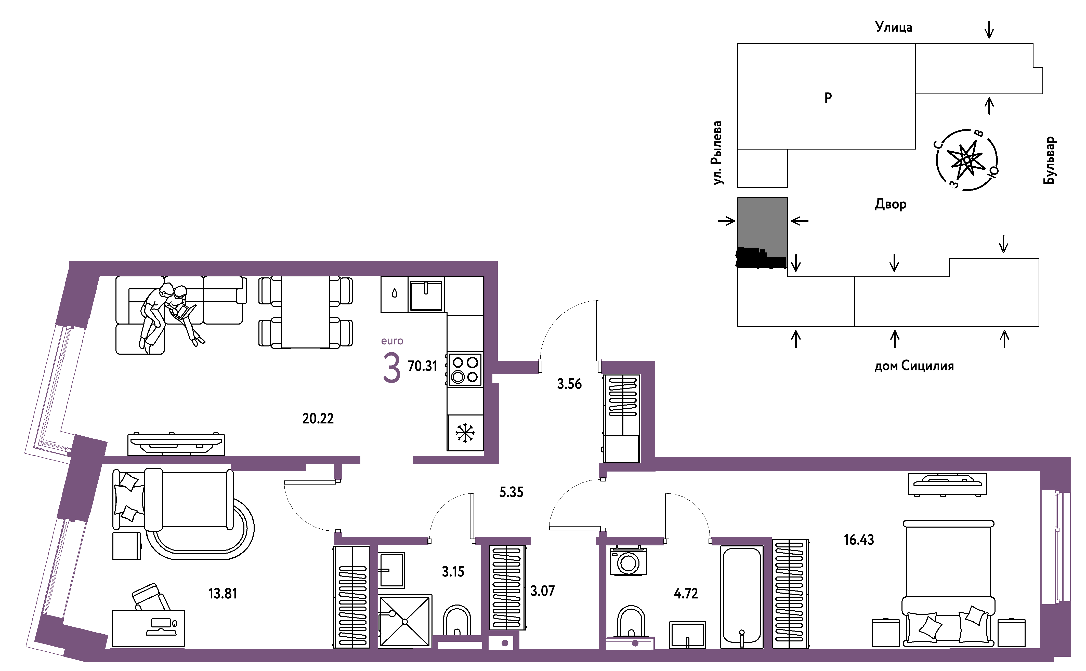 3-комнатная 70 м2 в ЖК Остров-сад корпус null этаж 11