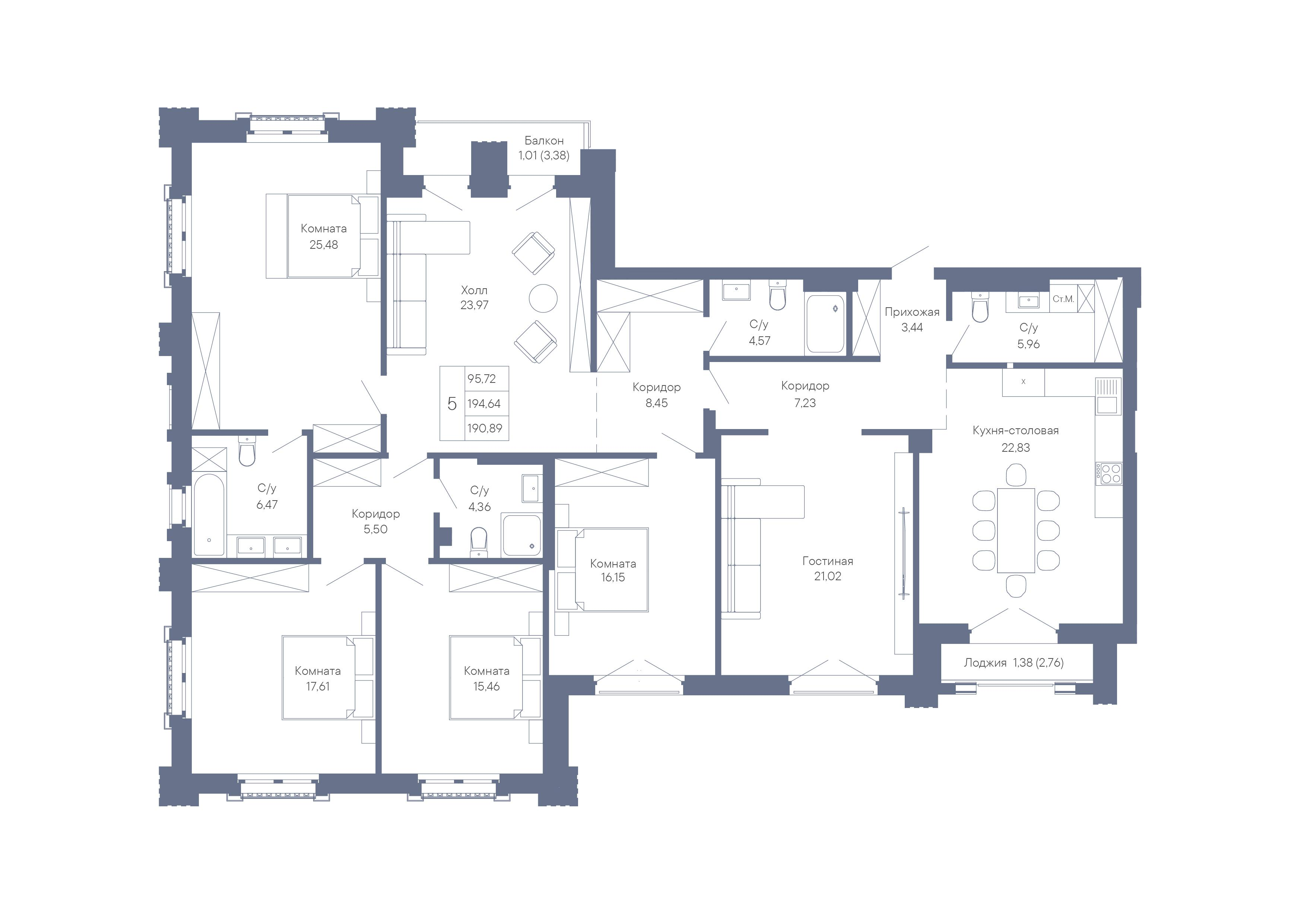 5-комнатная 190 м2 в ЖК Собрание корпус null этаж 2