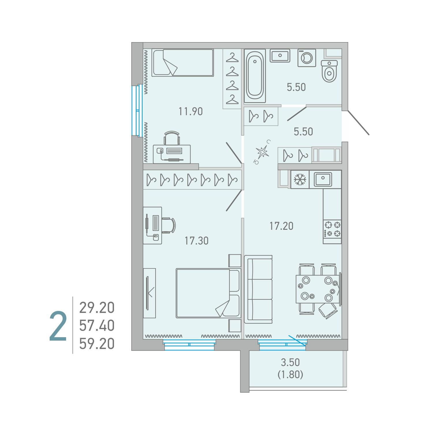 2-комнатная 59 м2 в ЖК LOVO корпус null этаж 14