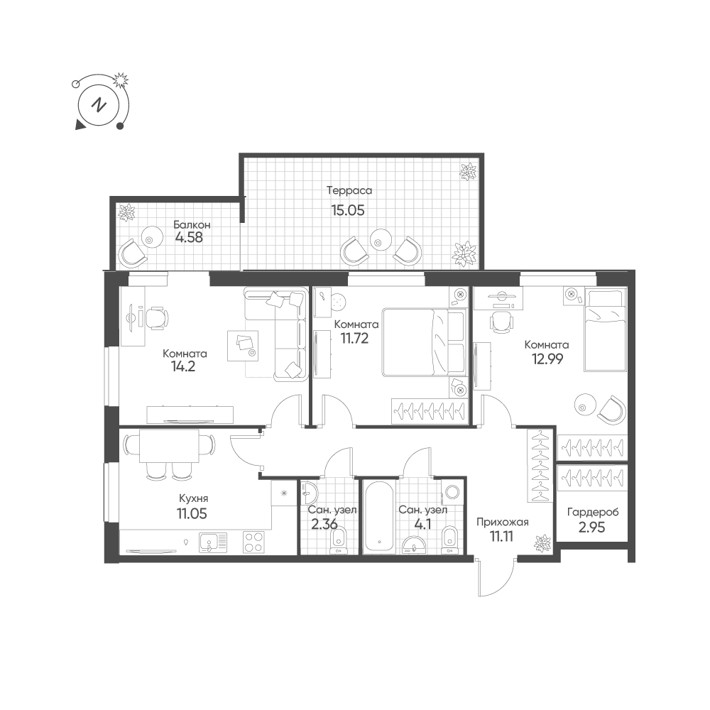 3-комнатная 76 м2 в ЖК Балтым-Парк корпус null этаж 1