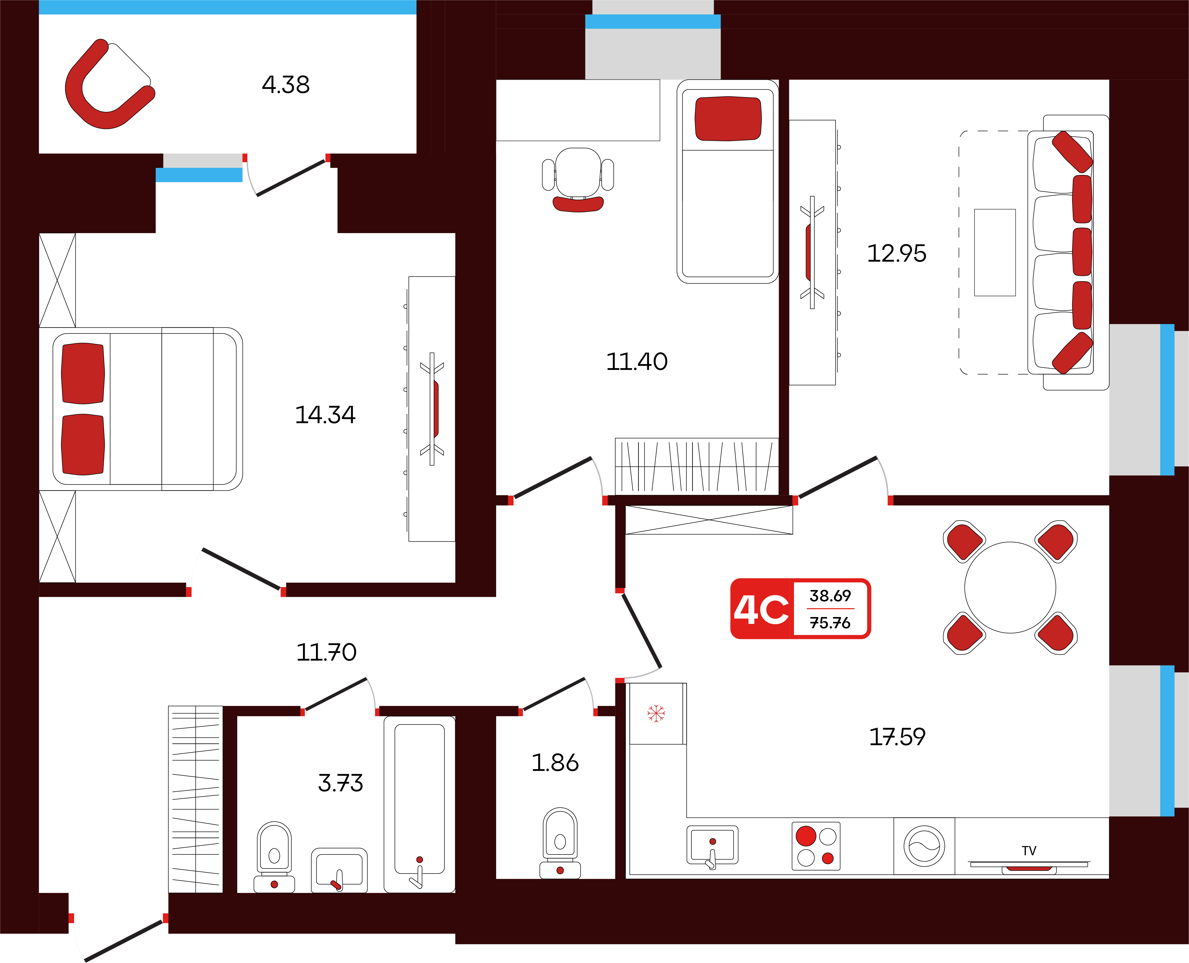 4-комнатная 75 м2 в ЖК Шашина 32 корпус null этаж 2