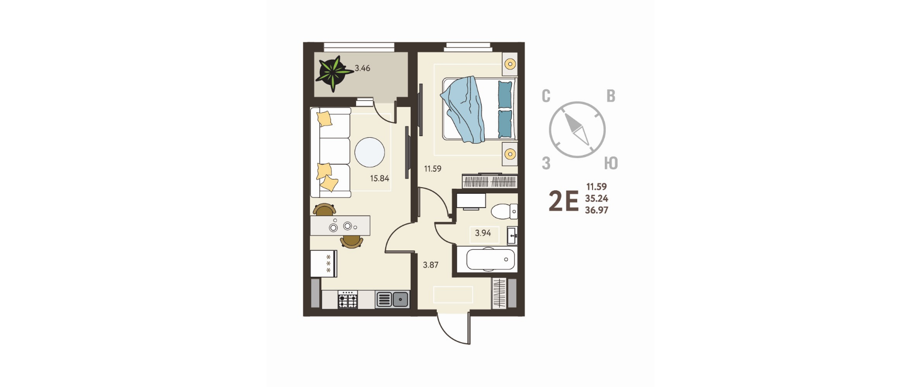 1-комнатная 37 м2 в ЖК undefined корпус null этаж 10