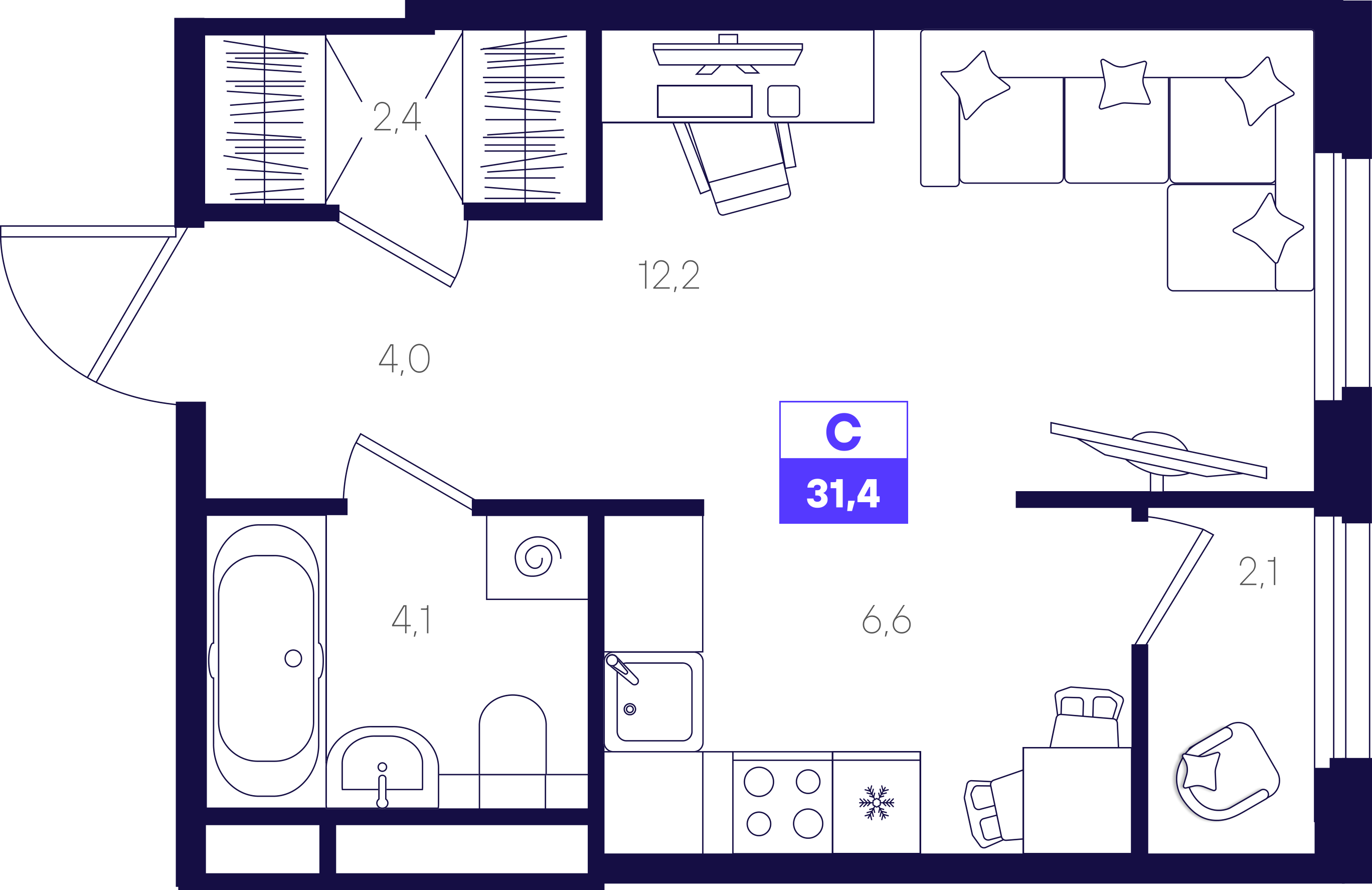 Студия 31 м2 в ЖК Отличие корпус null этаж 5