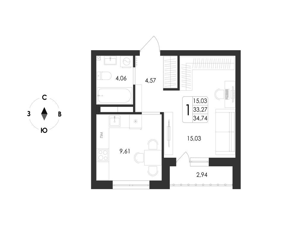 1-комнатная 34 м2 в ЖК Май корпус null этаж 11