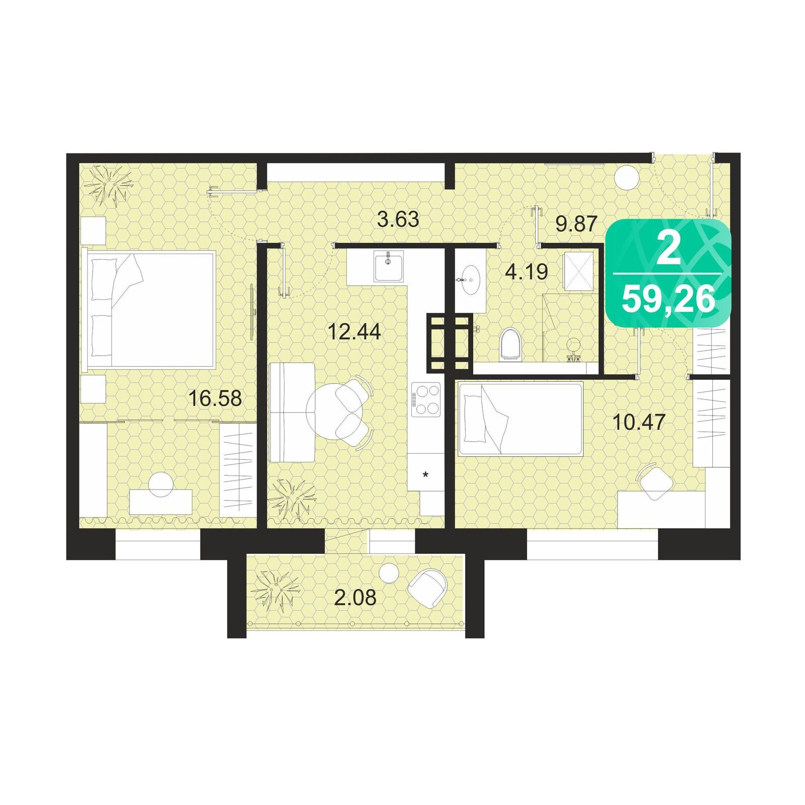 2-комнатная 59 м2 в ЖК Серебряный бор корпус null этаж 7