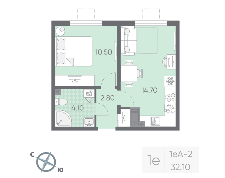 1-комнатная 32 м2 в ЖК Ручьи (2 оч.) корпус null этаж 15