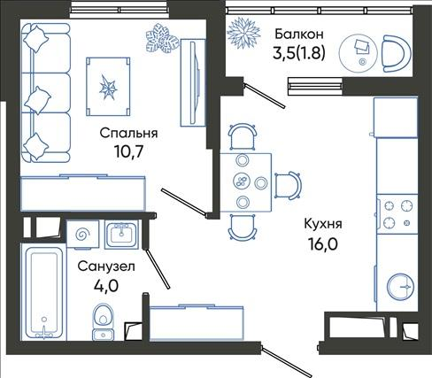 1-комнатная 32 м2 в ЖК Облака корпус null этаж 13
