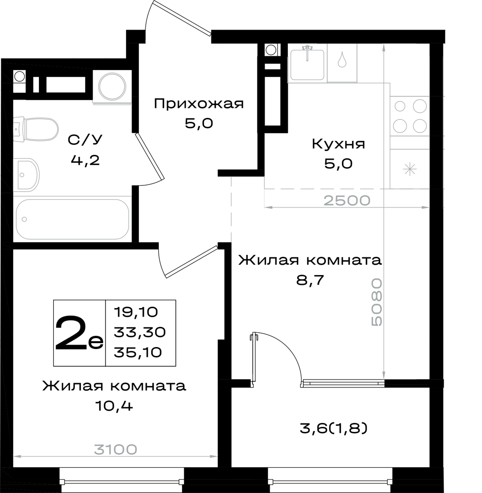 2-комнатная 35 м2 в ЖК Придонье корпус null этаж 5