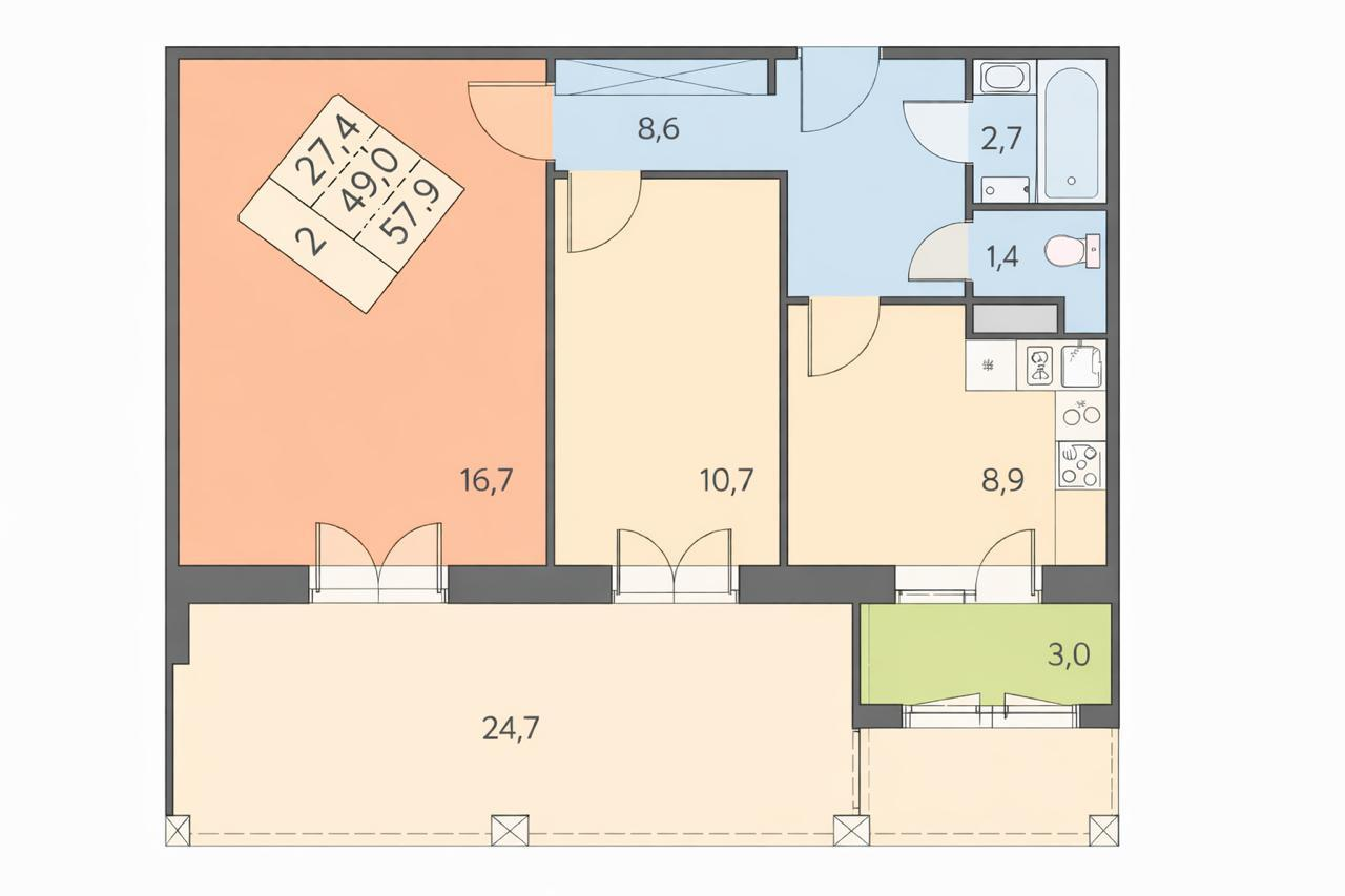 2-комнатная 73.7 м2 в ЖК undefined корпус null этаж 1